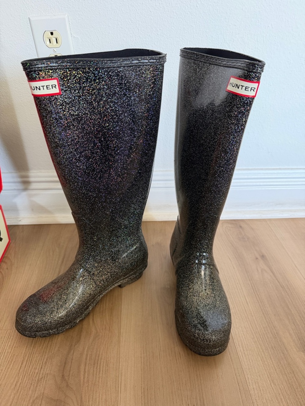 Hunter Black with Silver Glitter Tall Rain Boots